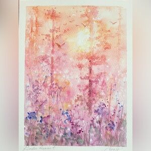 Original Watercolor Painting "Garden Sunset" Artwork landscape nature decor EAEH